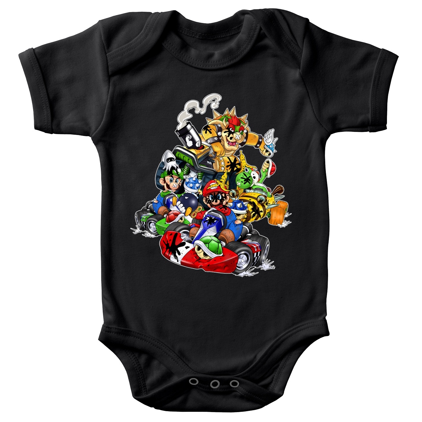 Mario Kart Parody Black Short Sleeved Baby Bodysuit Bowser Mario Luigi And Yoshi Funny Mario Kart Parody High Quality Babygrow Size 785 Ref 785