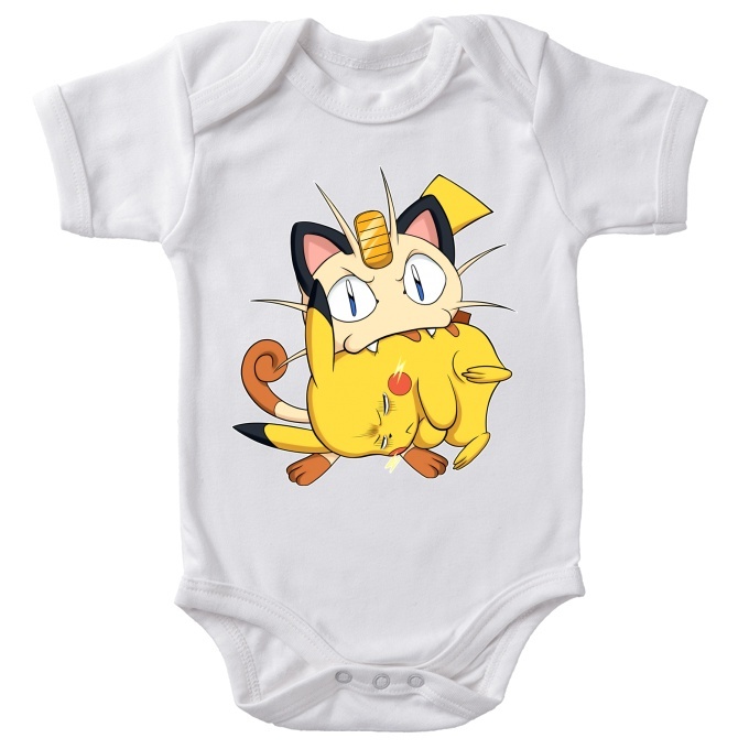 Pokemon Parody White Short Sleeved Baby Bodysuit Pikachu And Meowth Funny Pokemon Parody High Quality Babygrow Size 659 Ref 659