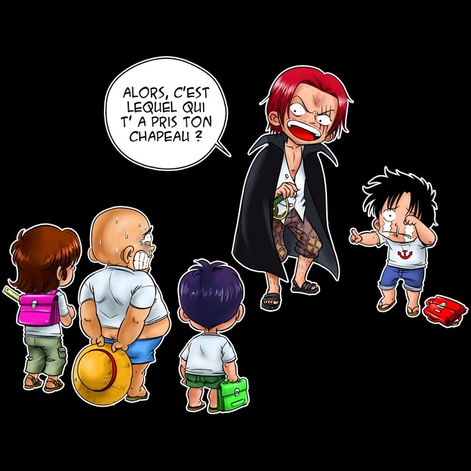 T-shirt Enfant Fille Noir parodie One Piece - Luffy et Shanks - C'est lui !  (T-Shirt enfant de qualité supérieure - imprimé en France)