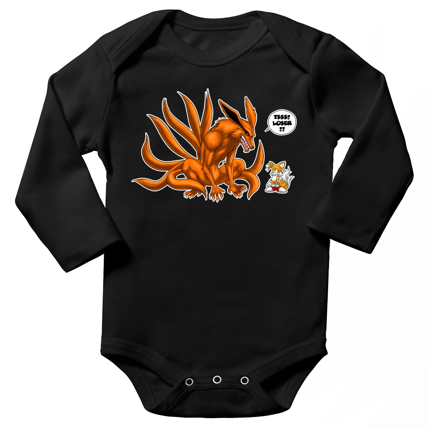 Naruto Parody Black Long Sleeved Baby Bodysuit Kyubi And Tails Funny Naruto Parody High Quality Babygrow Size 739 Ref 739