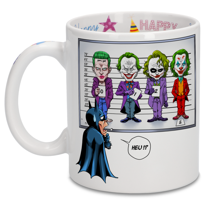 Taza de cumpleaños con impresión en el asa, en el interior y en el exterior  - Parodia de Batman - Batman, El Joker (Jared Letho, Jack Nicholson y Heath  Ledger und Joaquin
