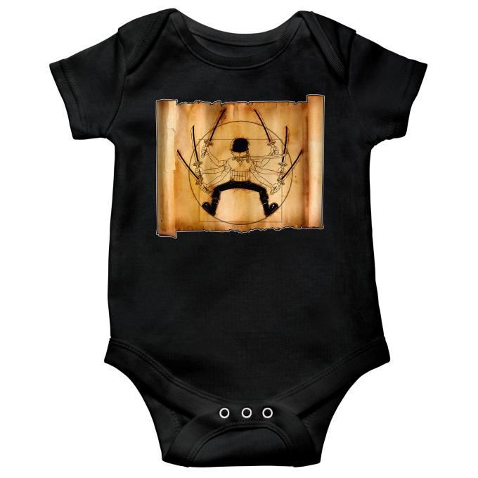 One Piece Parody Black Short Sleeved Baby Bodysuit Roronoa Zoro X Vitruvian Man Funny One Piece Parody High Quality Babygrow Size 624 Ref 624