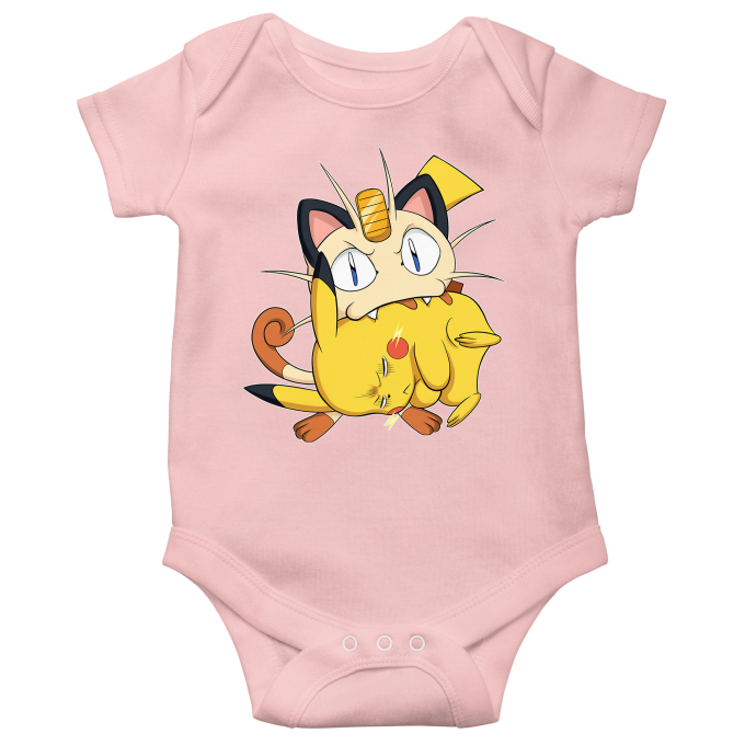 Aantrekkelijk zijn aantrekkelijk Gouverneur Knipoog Korte mouwen Roze Babyromper (meisje) parodie Pokémon - Pikachu en Meowth  (Hoogwaardig Babyromper in maat 659- bedrukt in Frankrijk - Ref : 659)