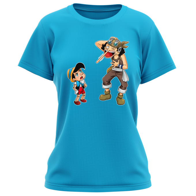 One Piece Parody Turquoise Women S T Shirt Usopp And Piniocchio Funny One Piece Parody High Quality T Shirt Size 681 Ref 681