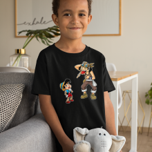 Maglietta Nera per bambini e ragazzi parodia One Piece - Usop e Piniocchio  - (T-shirt di qualità premium in taglia 681 - Stampata in Francia - Rif :  681)